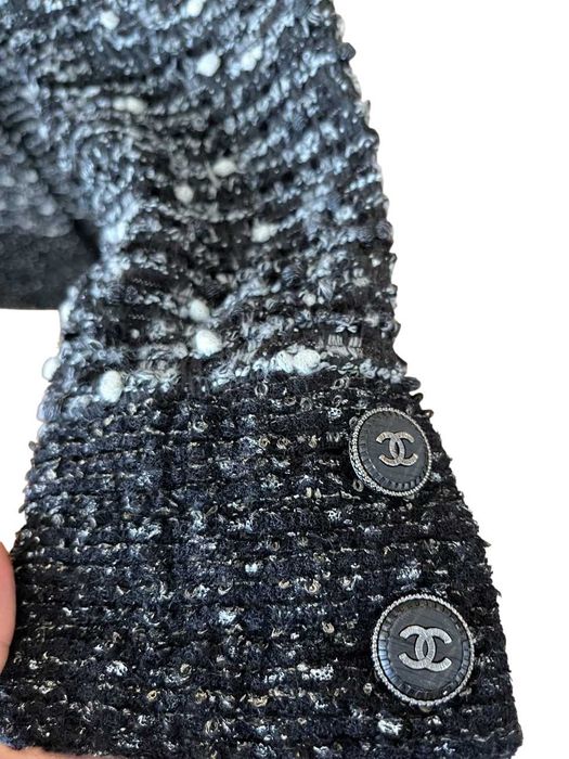 7k Chanel Black Gray Tweed CC Logo Buttons Jacket Coat Size 36-38