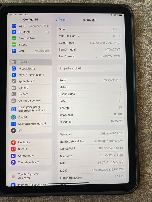 iPad Air 4 (2020) 64GB Wi-Fi + Cellular, 10.9”, stare foarte bună,