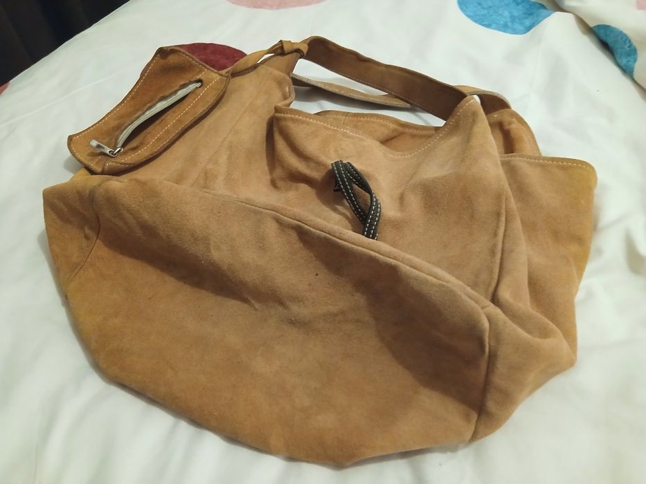 Geantă maxi din piele întoarsă naturală, culoare cognac/camel, foarte încăpătoare
