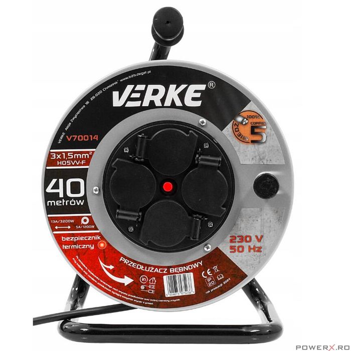 Rola prelungitor cablu cu cadru metalic, 40 metri 3 x 1,5 mm, Verke