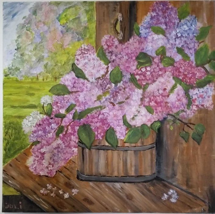 Flori de liliac ,pictură acrilică,pânză.