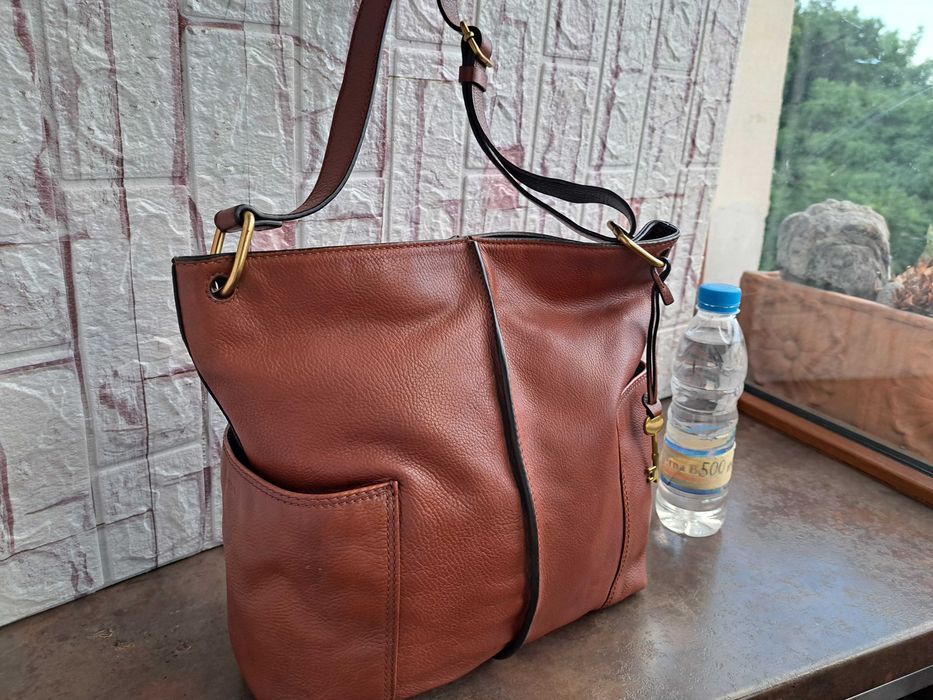 дамска чанта Fossil,кафява кожена  торба-естествена кожа