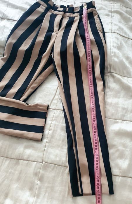 New Look Petite XXS XS pantaloni 3/4 cu dungi talie înaltă bej negru skinny noi