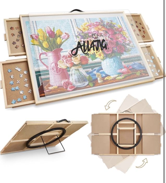 Masa pentru asamblat puzzle din lemn, rotativa, cu sertare