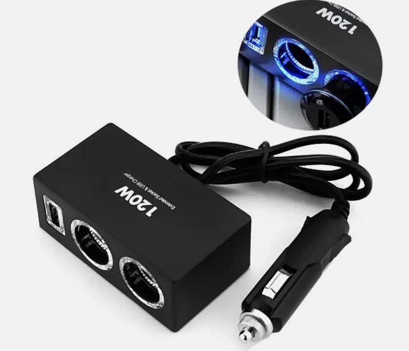 Двоен разклонител на запалката + 1 USB изход - 120W, 12V/24V.