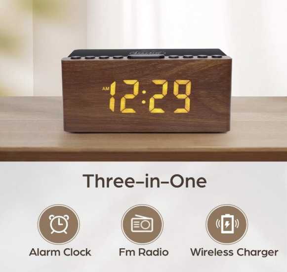 Ceas digital de lemn, cu wireless charger telefon si radio
