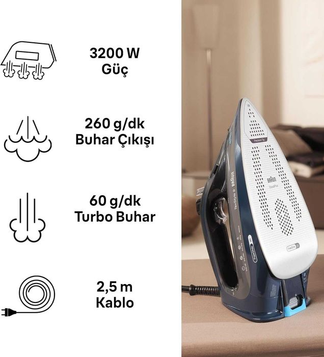 Ютия Braun TexStyle 9 SI9682DB, 0127409002, 3200 W, Променлива пара 60 гр/мин, Парна струя 260 гр/мин, Резервоар 330 мл, FreeGlide 3D технология