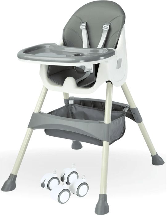 Scaun de Masa Pliabil 4in1 KinderVibe 6 Luni +, Tavita, Husa Detasabile,Roti, Centura Siguranta 5 Puncte,Ajustabil Inaltime, Cos Depozitare, Dove Grey