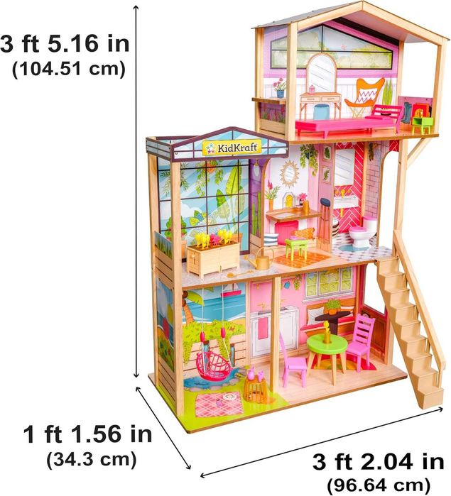 Дървена къща за кукли с аксесоари и мебели 3 етажа 104см