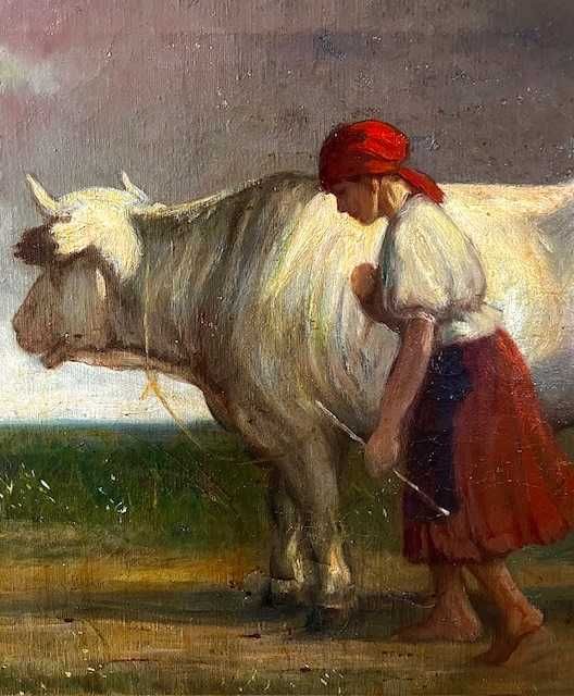 "Cu vaca la pascut" Tablou F, FOARTE VECHI, ulei/pz, semnat, 60x40cm+R