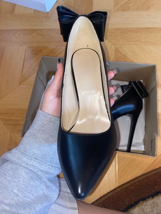 pantofi negri stiletto din piele naturală cu fundă