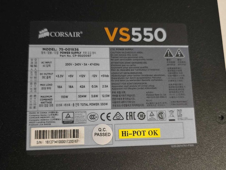 Sursa PC Corsair VS550 550W Active PFC 80 Plus cu 2 x PCI-E 6+2 Pini (8 pin)