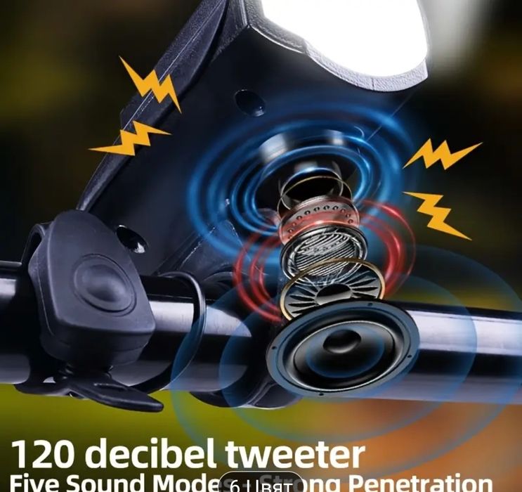 Комплект соларен LED фар с клаксон за велосипед колело  мощна светлина