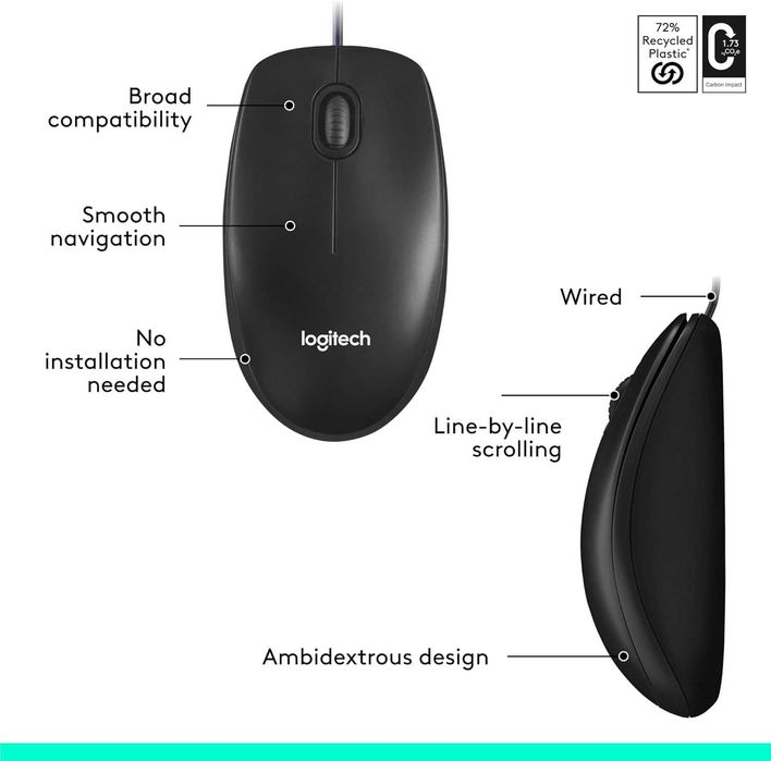 Мишка Logitech M100 с кабел, USB, 3 бутона, 1000 DPI, черна