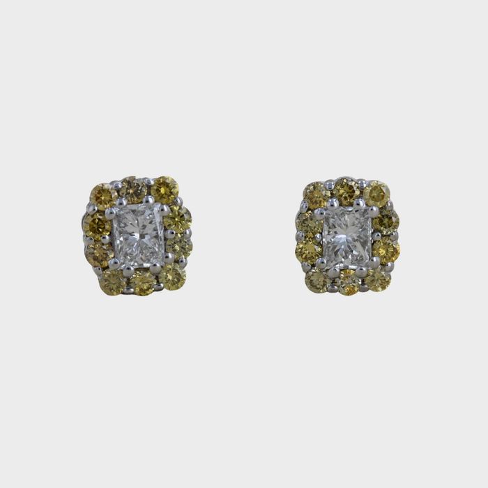 Cercei cu diamante albe si galbene, aur alb 18k-cod 8797, 8798