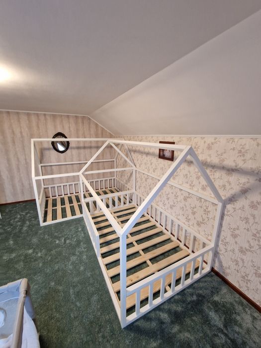 Pat casuta Montessori, pat dublu, pat copii, pat gemeni, mobila copii