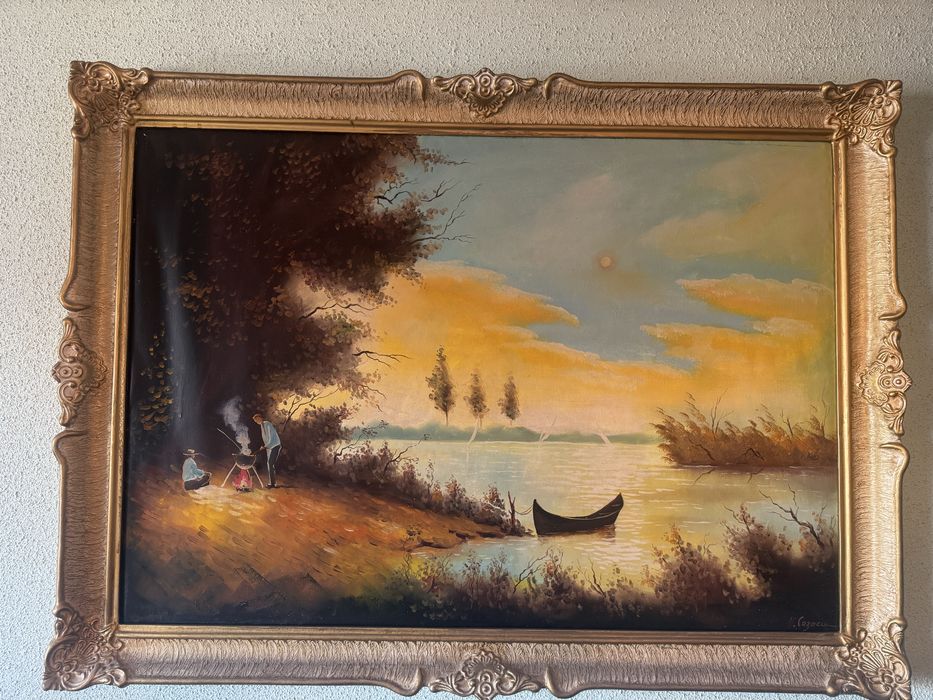 Tablou pictură ulei pe pânză, semnat V. Cazacu, ramă vintage aurie