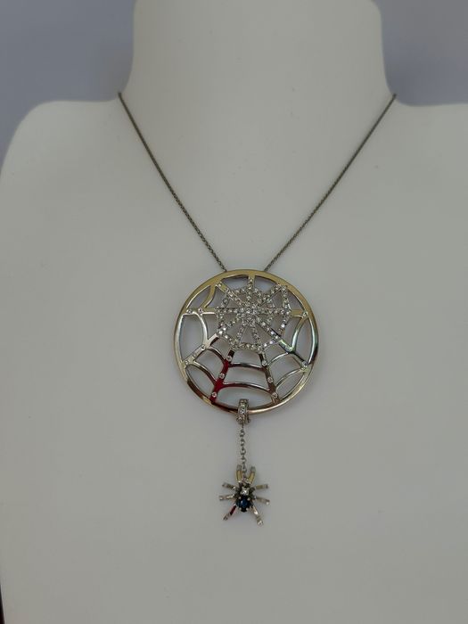 Модерно 18К 15г Италианско Златно Колие Spider с Диаманти и Сапфир; Топ Изделие!