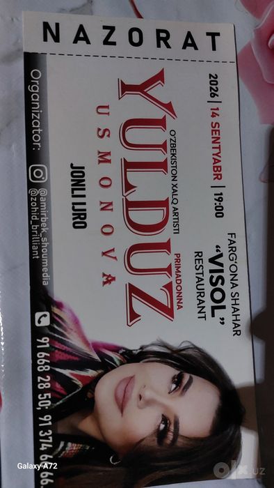 Yulduz Usmonova Konsertini bilet sotilad Visol to'yxonasidai