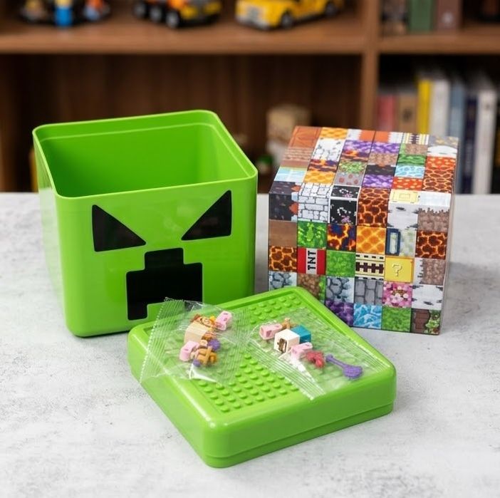 Set cuburi magnetice + cutie depozitare Minecraft Creeper/ TNT + figurine