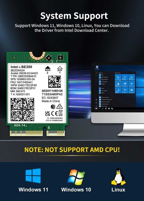 Placă wireless NICGIGA WiFi 7/6 Intel BE200 NGW,Bluetooth 5.4,5.8Gbps