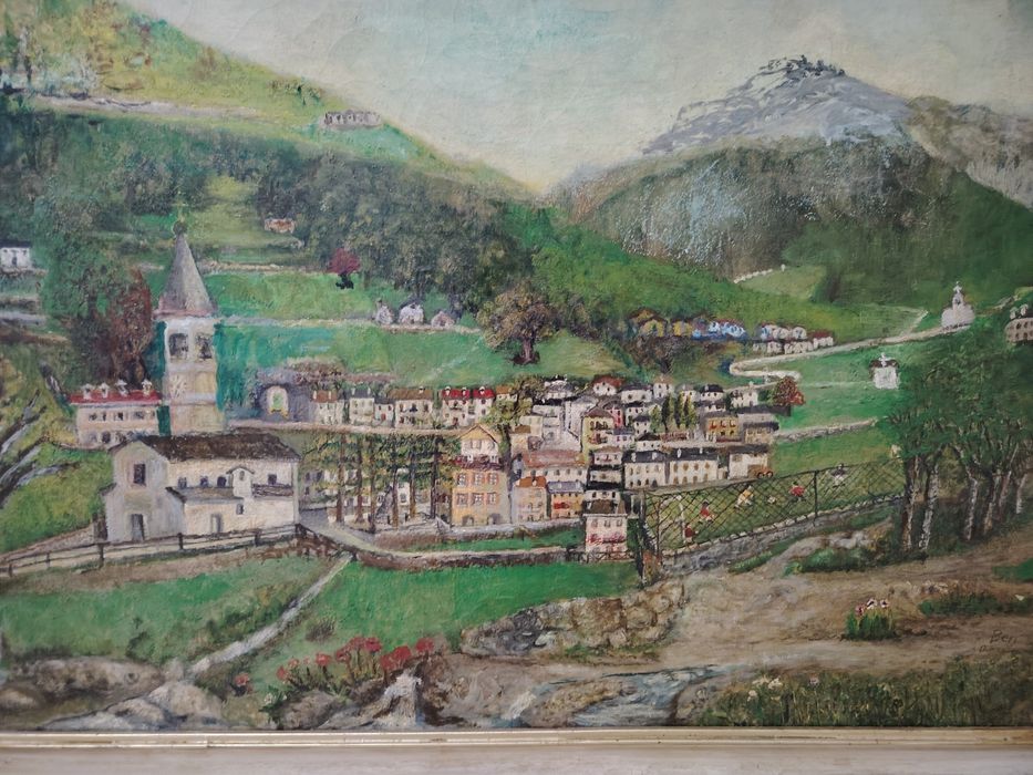 Ulei pe pânză,dimensiuni mari încadrat într-o ramă stil Baroc, reprezentând un peisaj pitoresc de munte cu o așezare. 
Tip obiect: Pictură artistică d