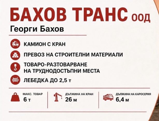 Камион с кран, превоз на строителни материали и други, товаро-разтоварване на труднодостъпни места