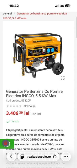 Se vinde generator  electric  de 5,5kw  in stare buna de functionare