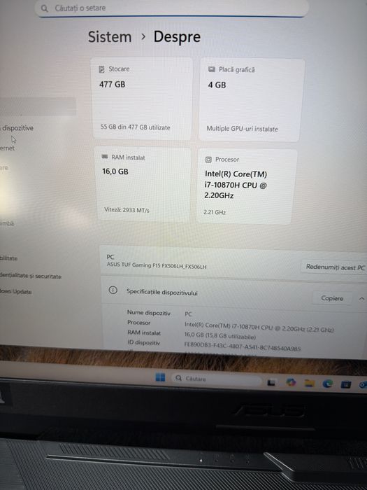 Laptop Gaming Asus TUF F15 FX506 i7 10gen 16g 512g nvme GTX1650 4g 15