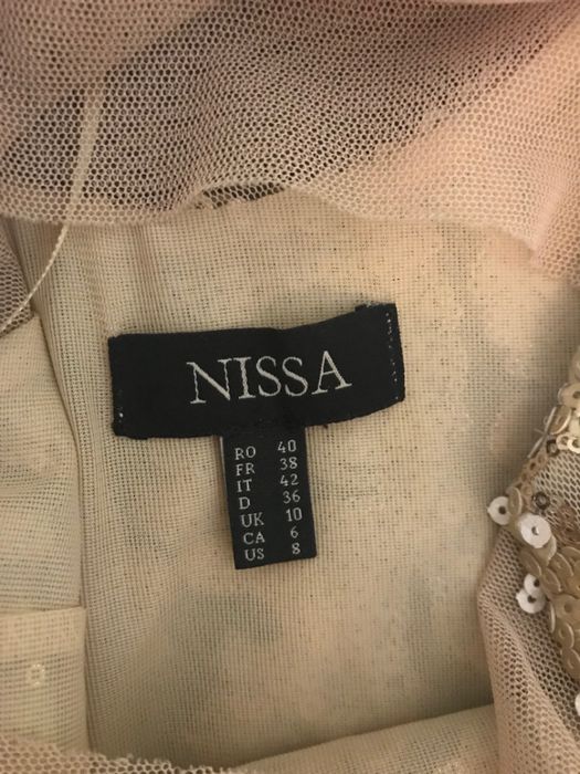 Rochie glam, Nissa, mini, nude cu paiete aurii si umar gol, chic, noua