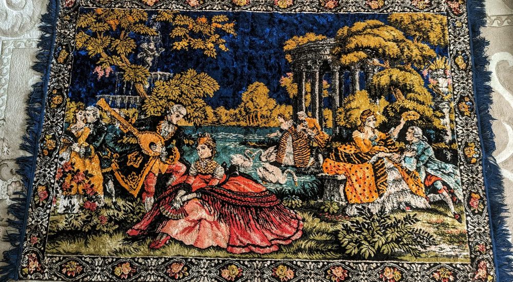 Carpeta tapiserie vintage, scene muzicale și peisaj cu lebede