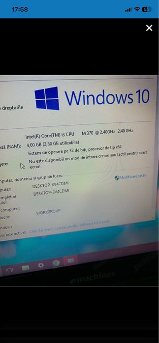 Laptop Emachines intel core i3 Display 15,6 led,4gb ram ddr3,320gb memorie,Windows 10 Pro perfect functional cu incarcator