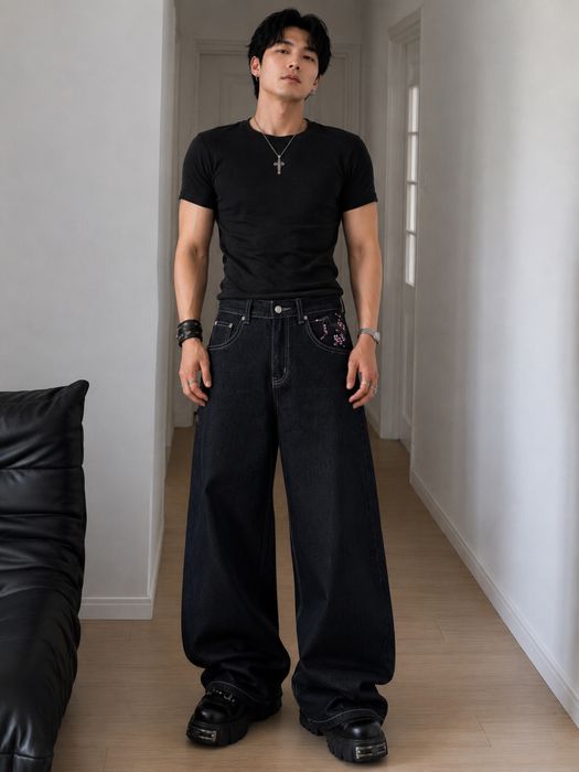 Blugi Blossom Baggy cu Broderie V2 jeans stil Y2K,casual,unisex