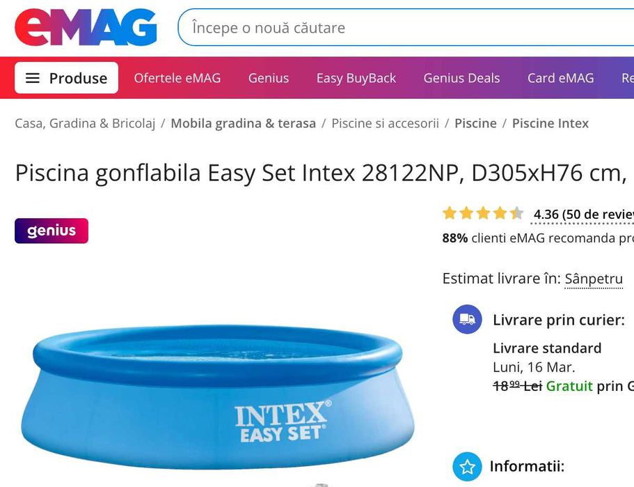 Piscina Intex 28122NP, D305xH76 cm, (1.250 l), inclusiv prelata solara
