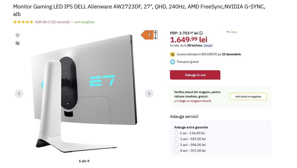Monitor Gaming LED IPS DELL Alienware AW2723DF, 27", QHD, 280Hz 2K