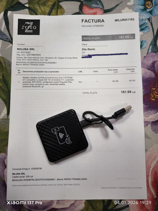 Adaptor auto Carplay WiFi Android auto  / Apple. factură și garanție