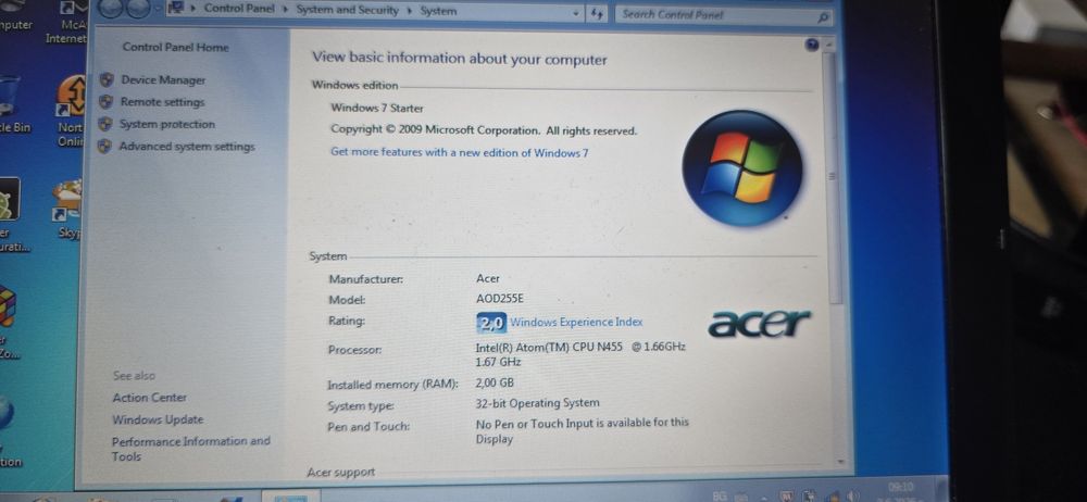 Acer Aspire One AOD255E – Windows 7 Starter, Intel Atom N455, 2GB RAM, 250GB HDD