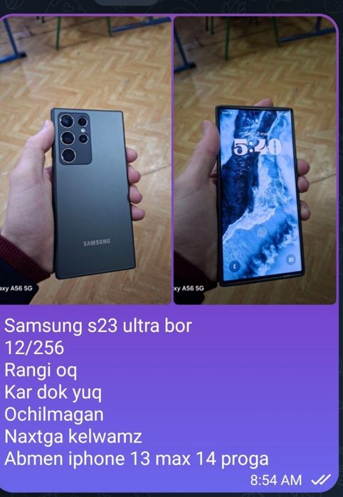 Samsung s23 ultra bor
12/256
Rangi oq
Kar dok yuq
Ochilmagan
Naxtga ke