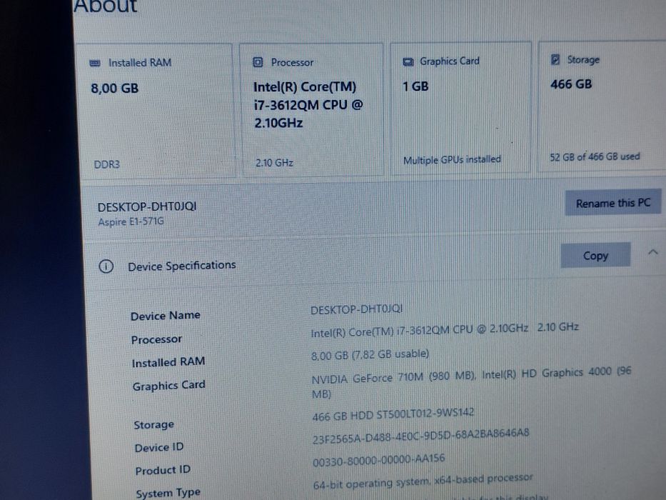 Laptop Acer i7 3612QM 2.1Ghz/3.1Ghz, 8GB, 500GB, Nvidia GT 710m 1G w10