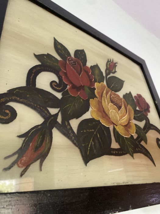 Tablou cu flori pictat pe sticla 39x34cm
