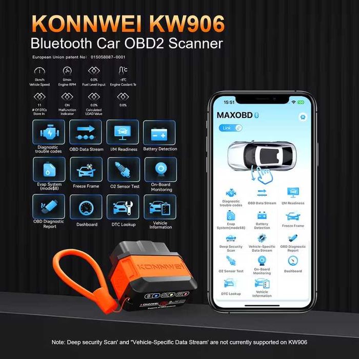 Diagnoza KONNWEI KW906 ELM327 OBD2 Bluetooth 5.2/ IOS si Android