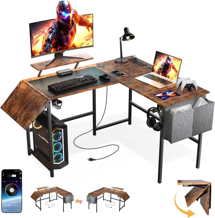 Birou gaming in forma de L, extensibil 120–150 cm, reversibil, cu lumini LED RGB, prize si incarcare USB, culoare maro