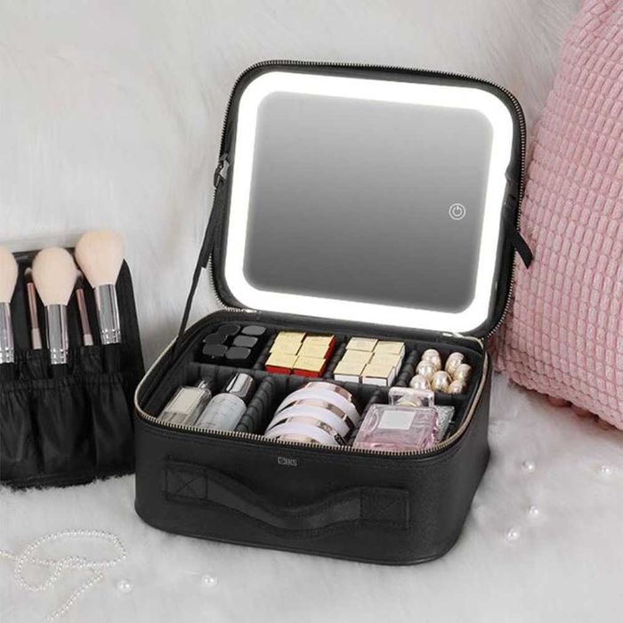 Козметична чанта с LED огледало, регулируеми отделения, органайзер