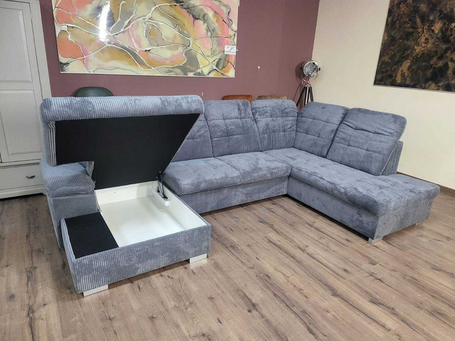 Сив П - образен ъглов диван от плат рипсено кадифе Nixon с функция сън