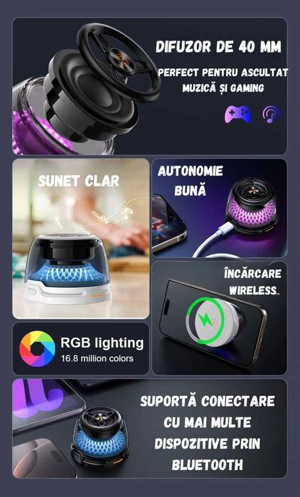 Boxa portabila, incarcator wireless 15W, RGB