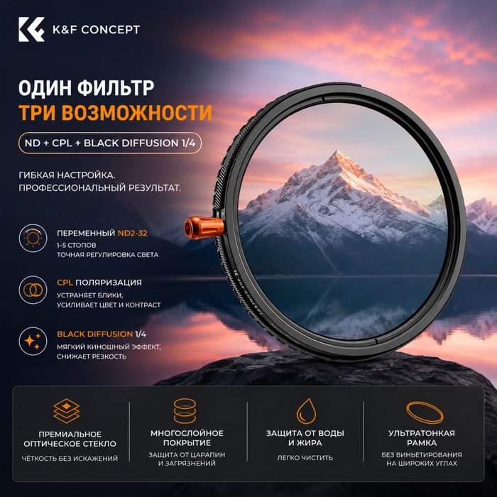 Светофильтр K&F CONCEPT ND2-32 + CPL + Black Diffusion1/4
