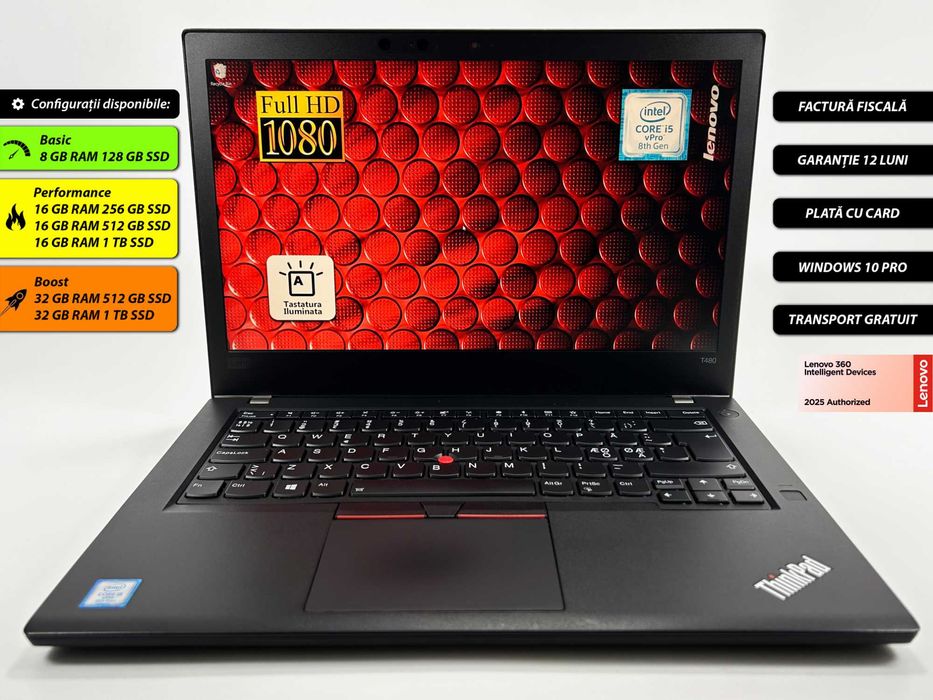 Laptop Lenovo T480 i5 14 inch Full HD ultrabook Garantie 12 luni