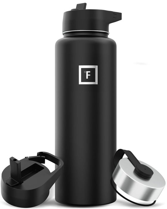 Sticlă termos Iron Flask 1.2L din inox – 3 capace,  neagra