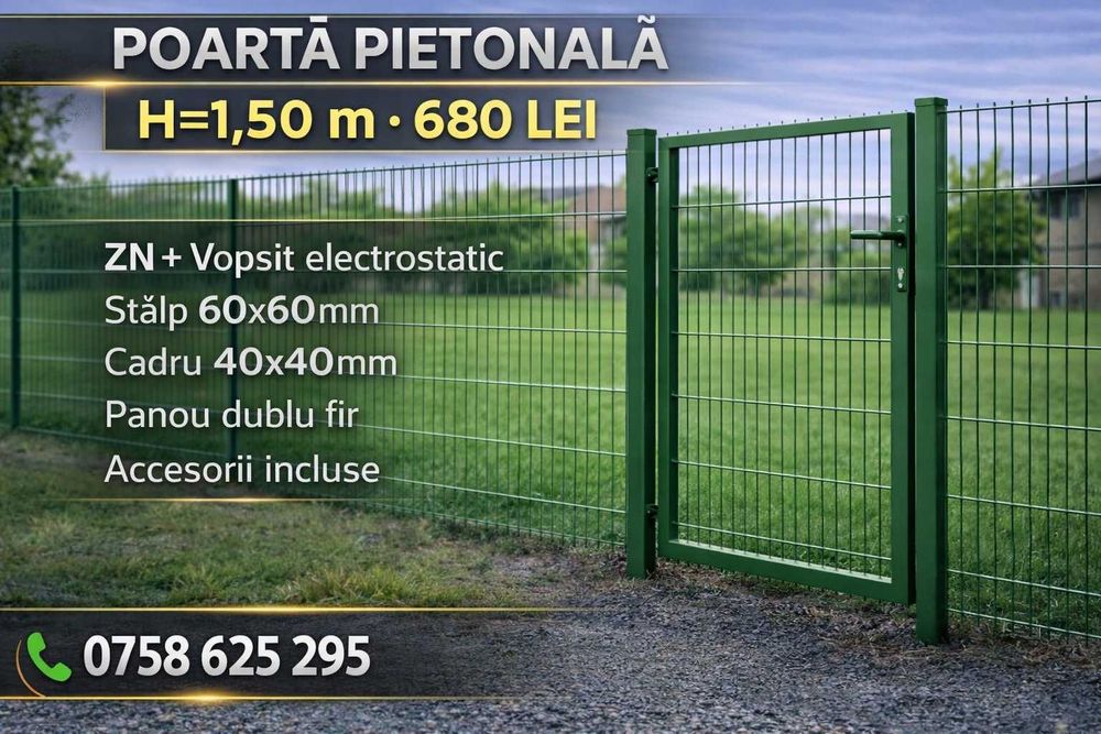 Poarta pietonala metalica 1.20m / 1.50m / 1.70m / 2m / gri / verde/ Zn