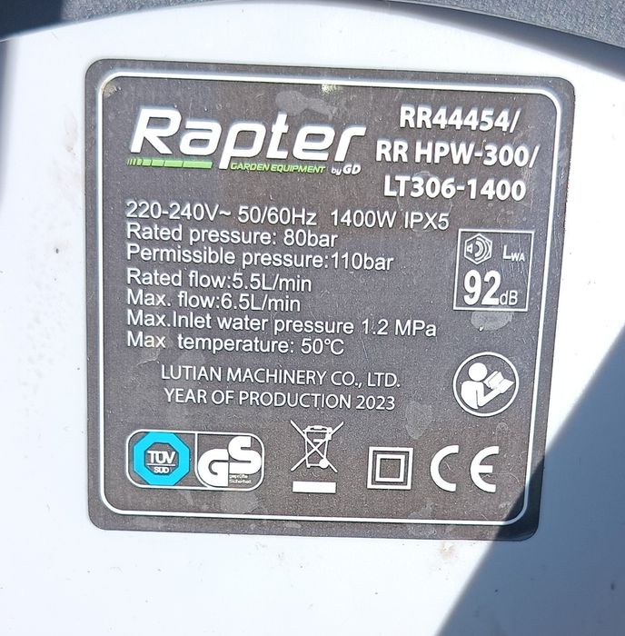 Водоструйка Rapter RR HPW300/ 1400 W - Електрическа водоструйна машина 6.5 л./мин 110 бара